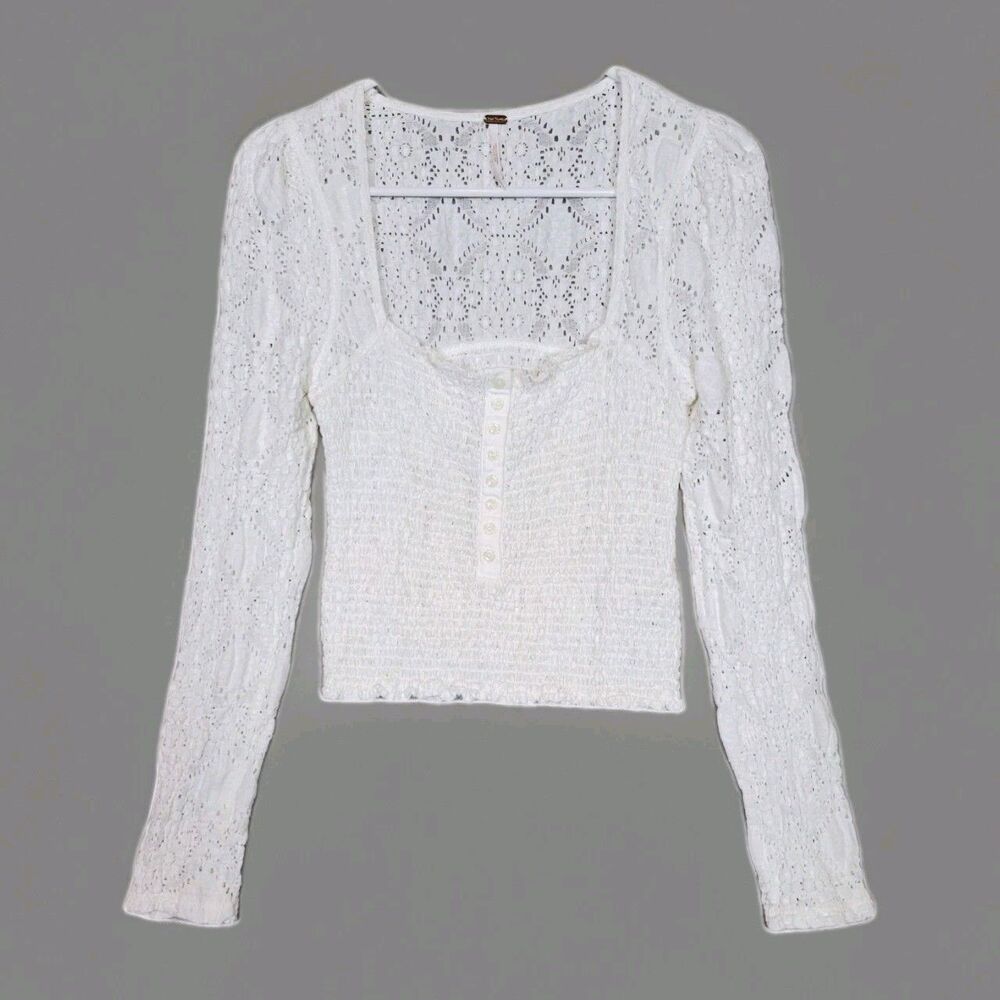 Free People Confection Top Womens Small White Lace Smocked Blouse Top Coquette